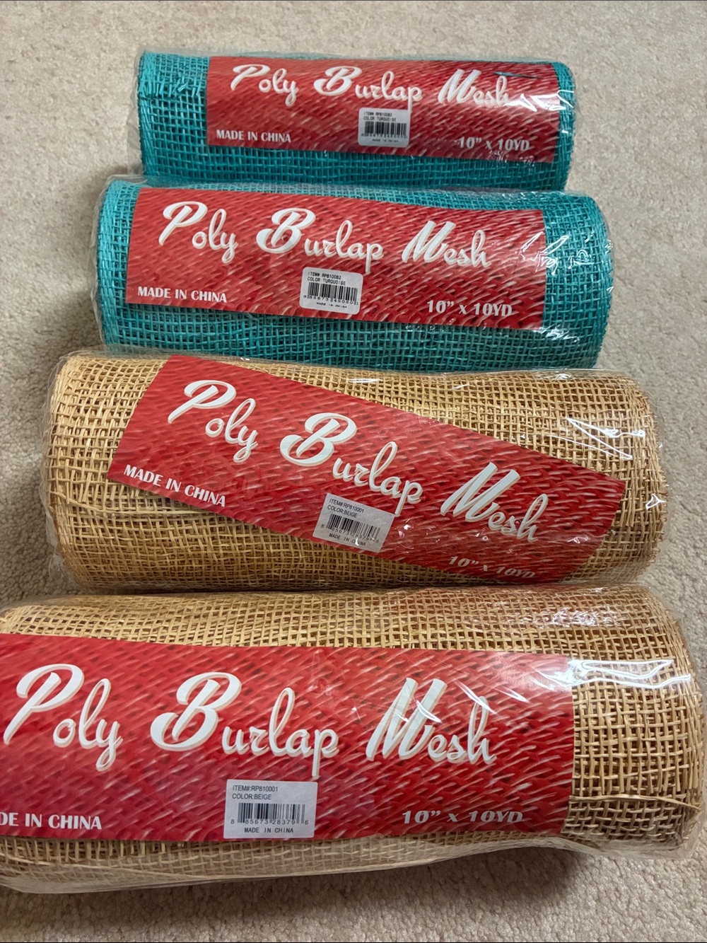 Poly Burlap Mesh Rolls - Teal and Natural 10” x 10yds each 4 roll bundle